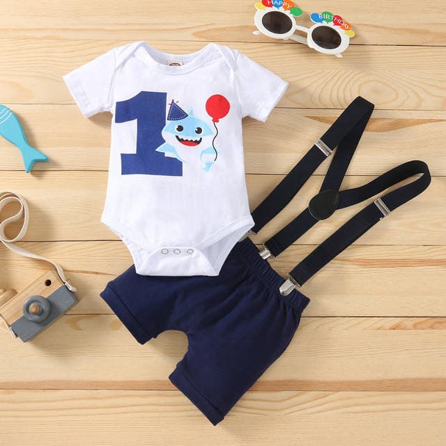 KidsSansar - Baby Boy First Birthday Outfits Numbers Necktie Bodysuit+Overalls 2 Pcs Gentleman Baby Boys Birthday Clothes (0 to 12 Months)