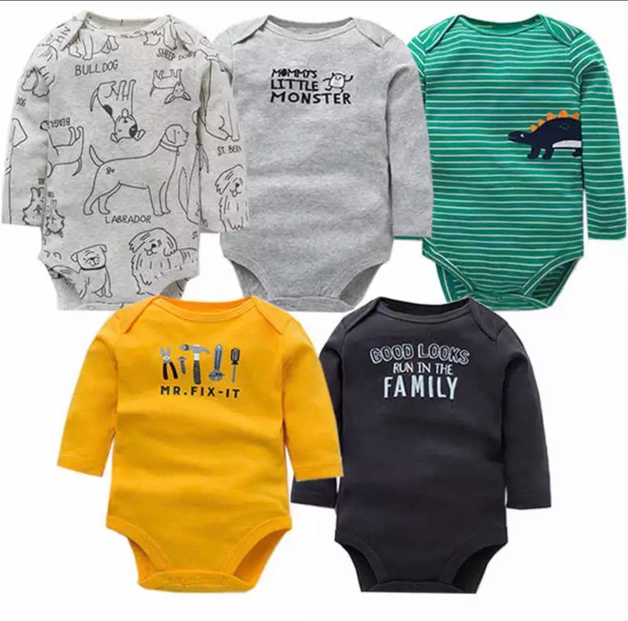 KidsSansar - Baby 5 Pcs Full Sleeve Unisex 100% Cotton Baby Romper Bodysuit