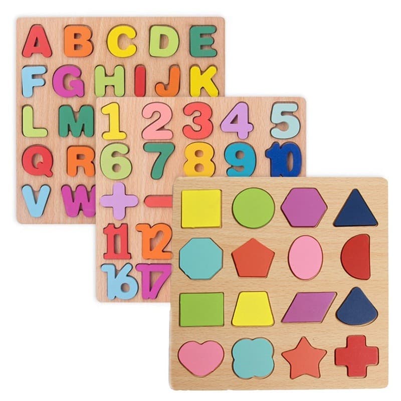 3-in-1 Educational Wooden Puzzle Board For Babies, Kids, Toddlers: Alphabet, Numbers, Shapes Matching