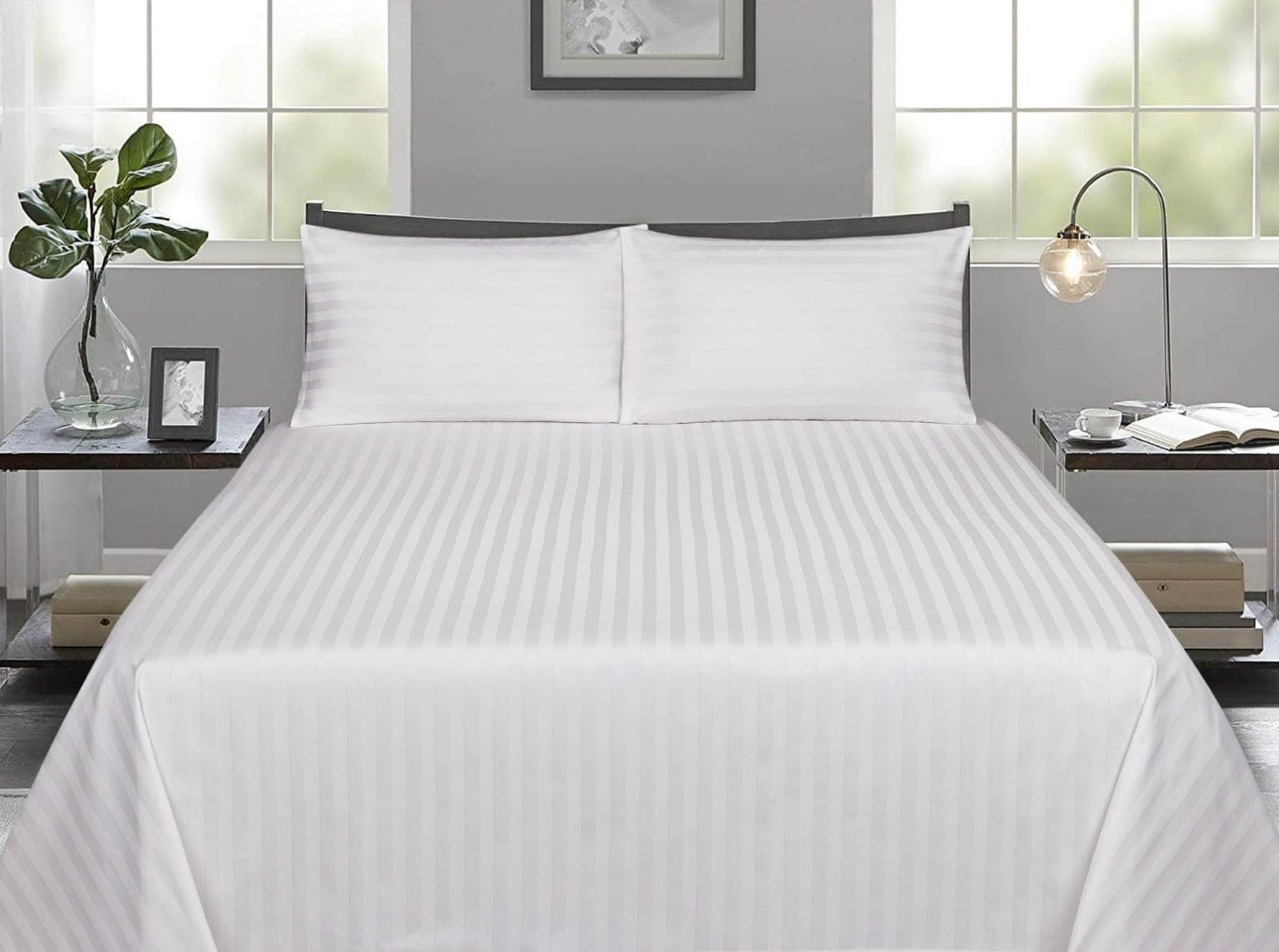 White Stripe Bedsheet With Two Pillow Cover | Comfortable Cotton Mix  Size Double Bedsheet