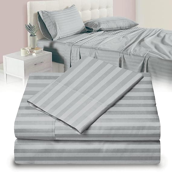 Bedsheet 100% Microfiber Double Brushed Sheet With Two Pillow Cover Extra-Soft & Wrinkle-Free  Ideal for Home, Dorms, Hospitals - 3 PC Set (Silver Stripe) Size 230X250 CM