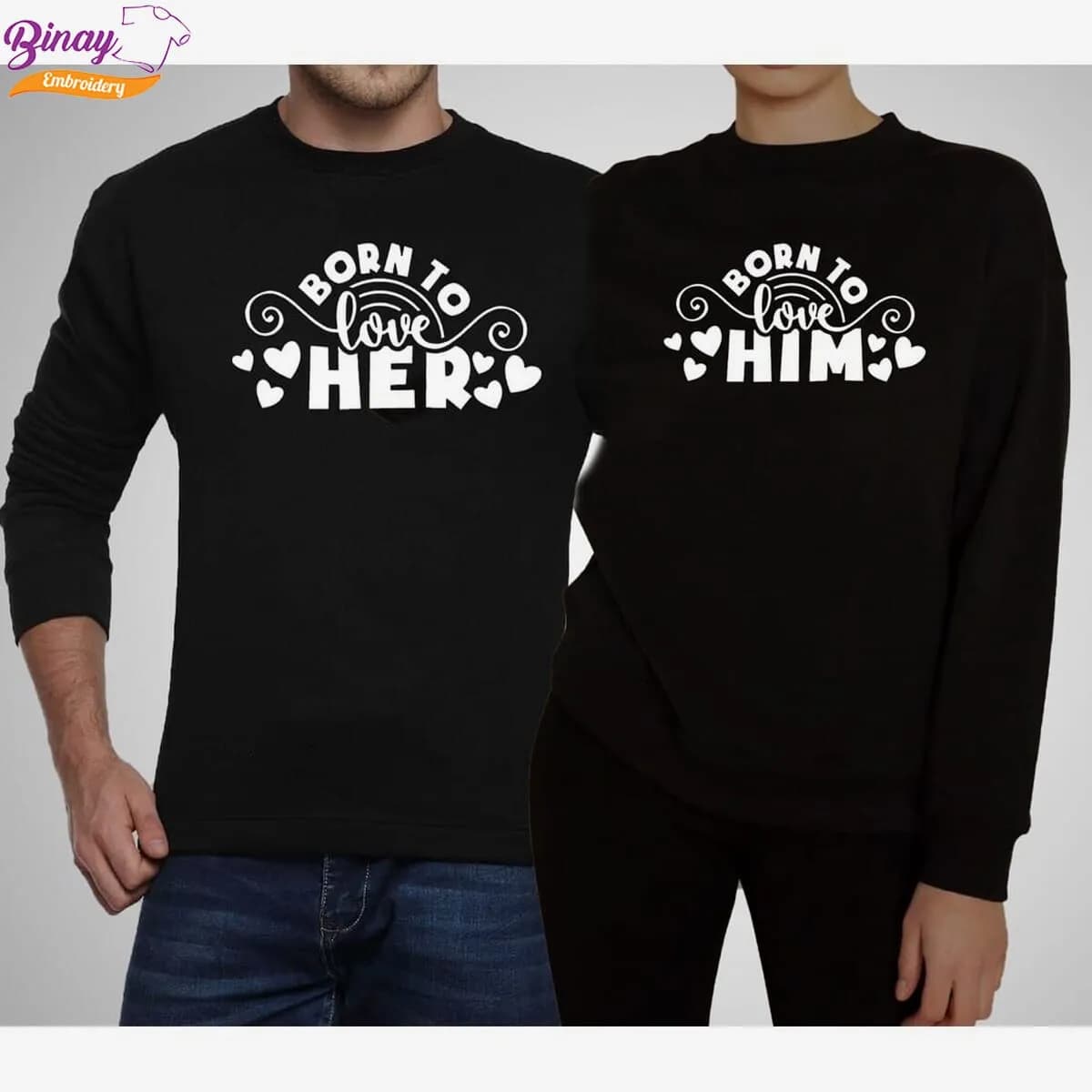 Couple Full Sleeve - Born To Love Printed, Light Weight - 2 Pcs Combo Sweatshirt T-shirt For Men & Women - Black