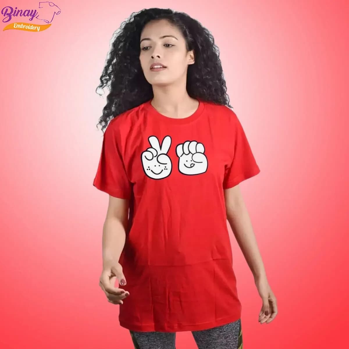 Binay Embroidery Printed Red (Unisex) Cotton T-Shirt For Men & Women - Fashion | T-Shirts | Unisex | Upper Wear |