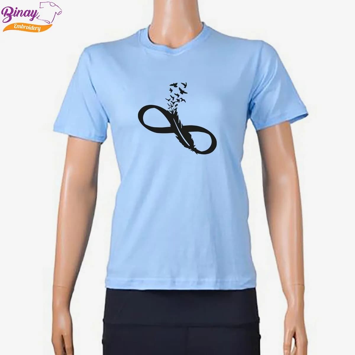 Binay Embroidery Sky Blue Printed T-Shirt Feather Design For Women- Fashion | T-Shirts For Women | Women's Upper Wear |