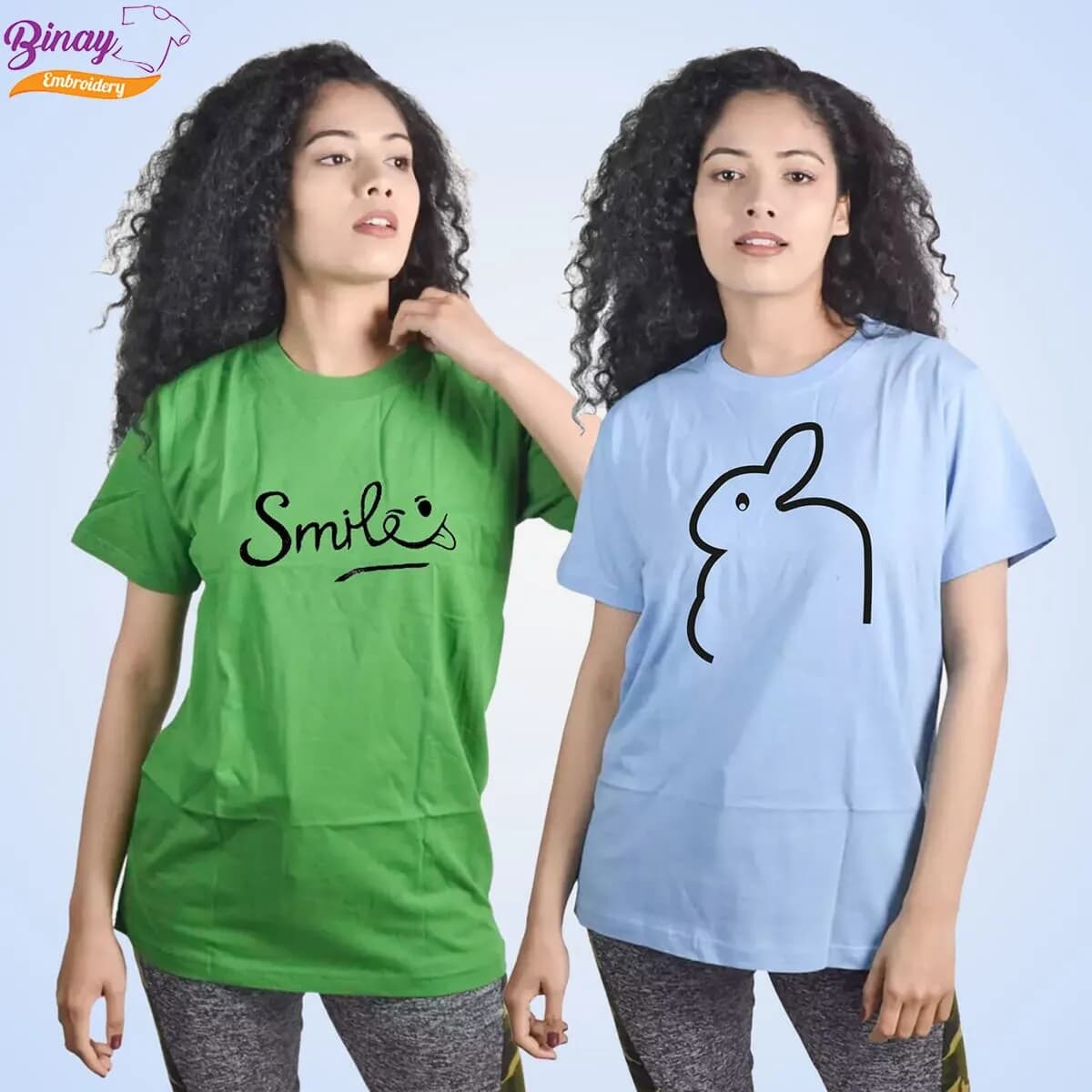 Binay Embroidery Light Green & Sky Printed T-Shirt For Women- Fashion | T-Shirts For Women | Women's Upper Wear |