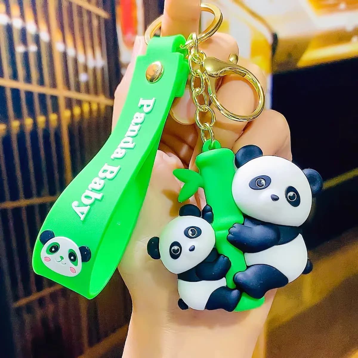 Cute Panda Keychain with Bamboo Design, Green Silicone Strap, Cartoon Character Charm