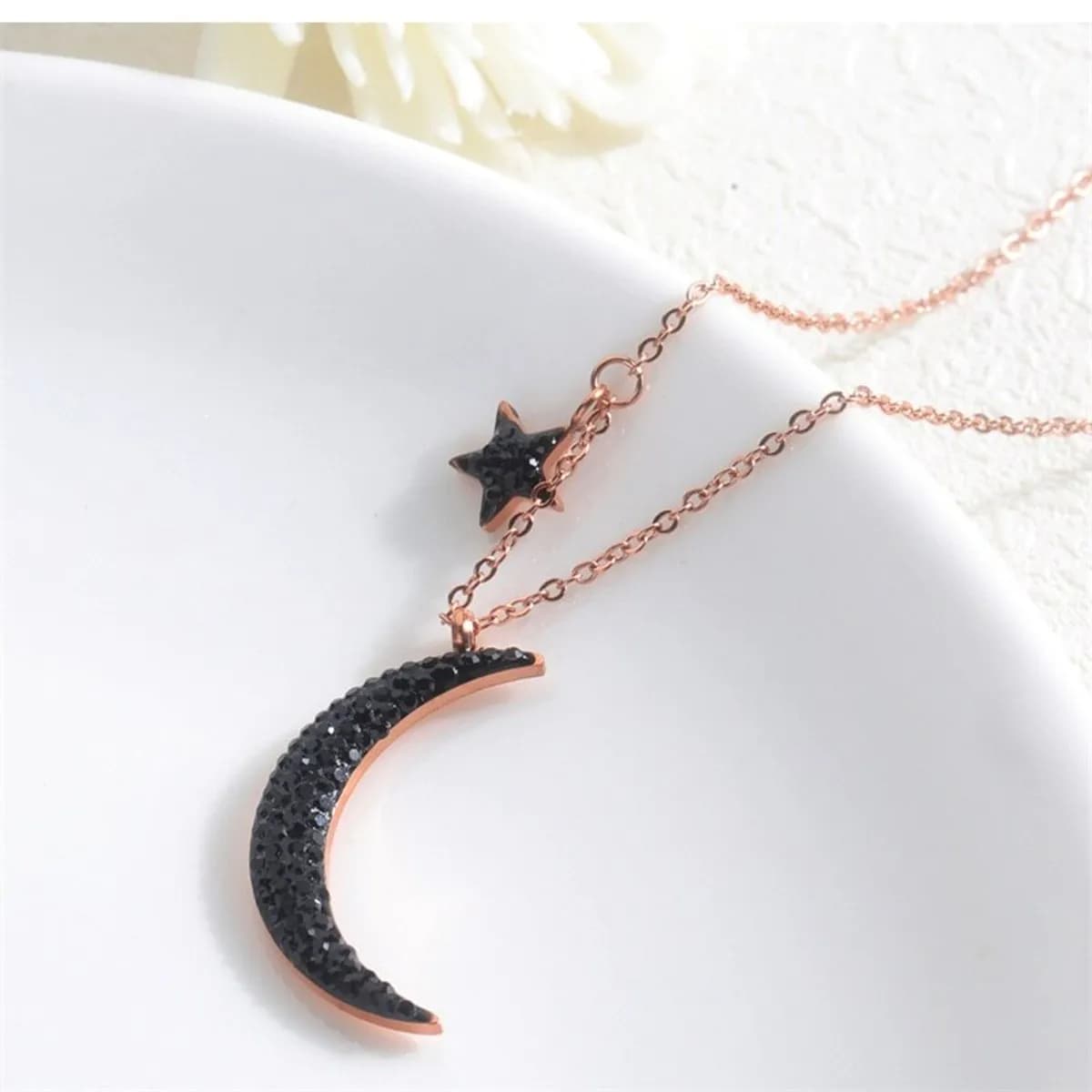 Black Glass Drilled Moon And Star Pendant Stainless Gold Color Necklace For Women 43cm-Gold