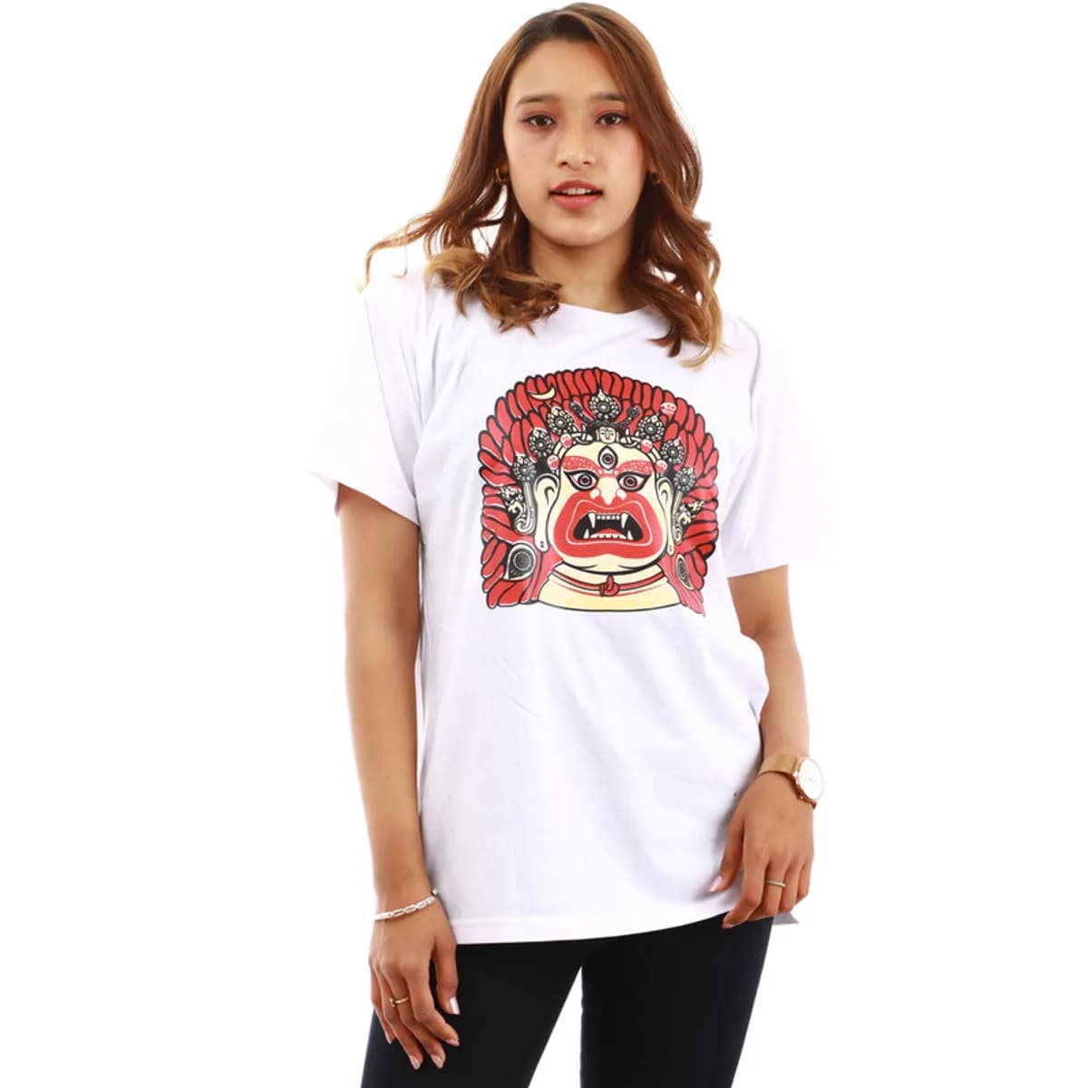 White Cotton Round Neck Half Sleeves Bhairab Printed T-Shirt For Women