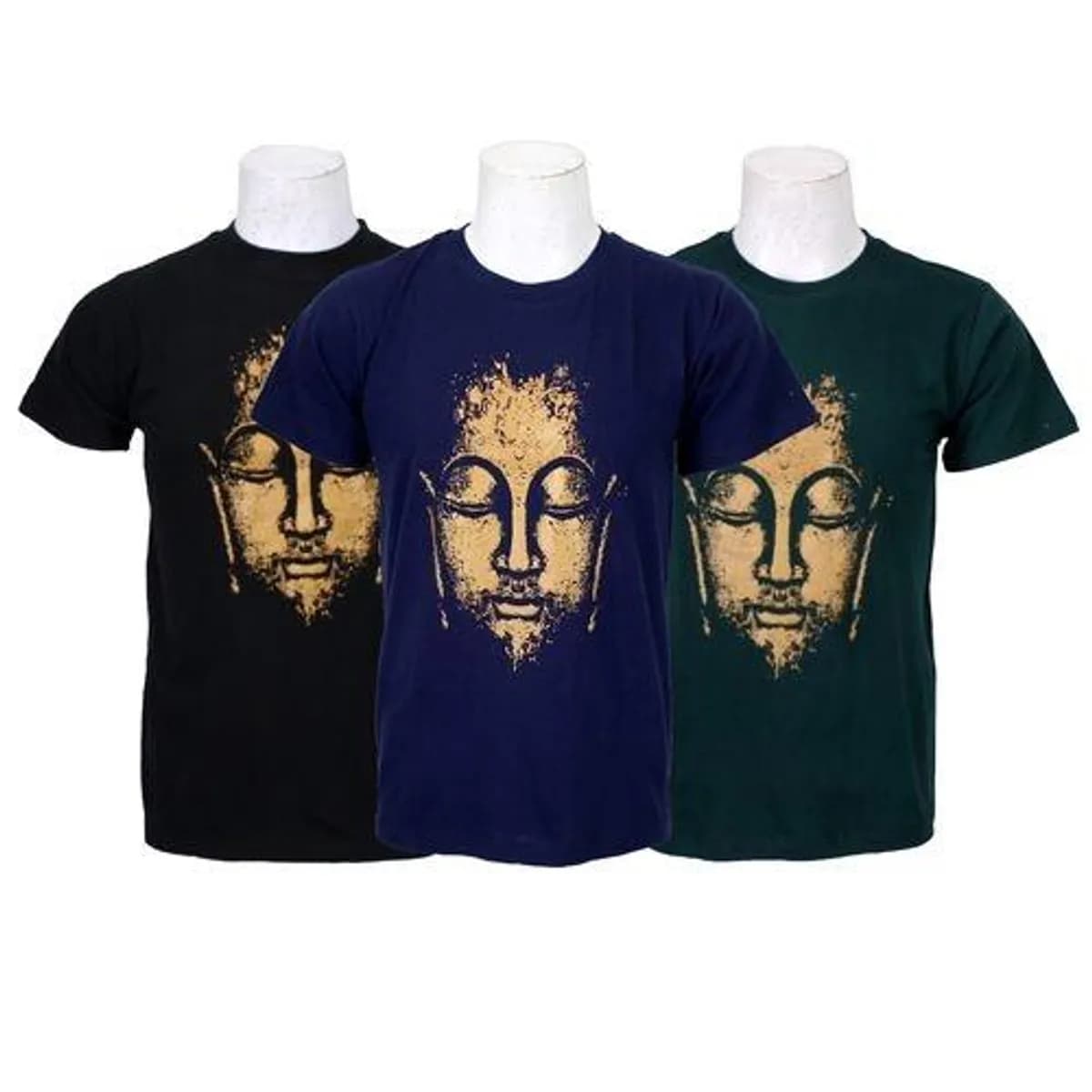 Buddha Printed 100% Cotton T-Shirt For Men - Black/Blue/Green (Pack Of 3) - 019