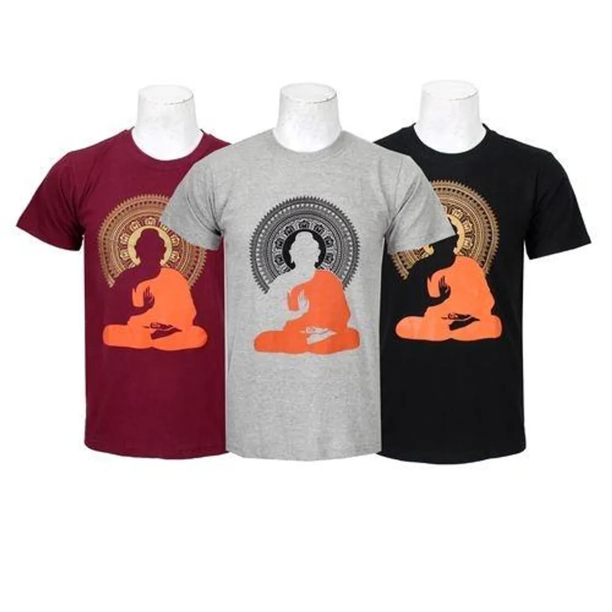 Buddha Printed 100% Cotton T-Shirt For Men - Maroon/Grey/Black (Pack Of 3) - 022