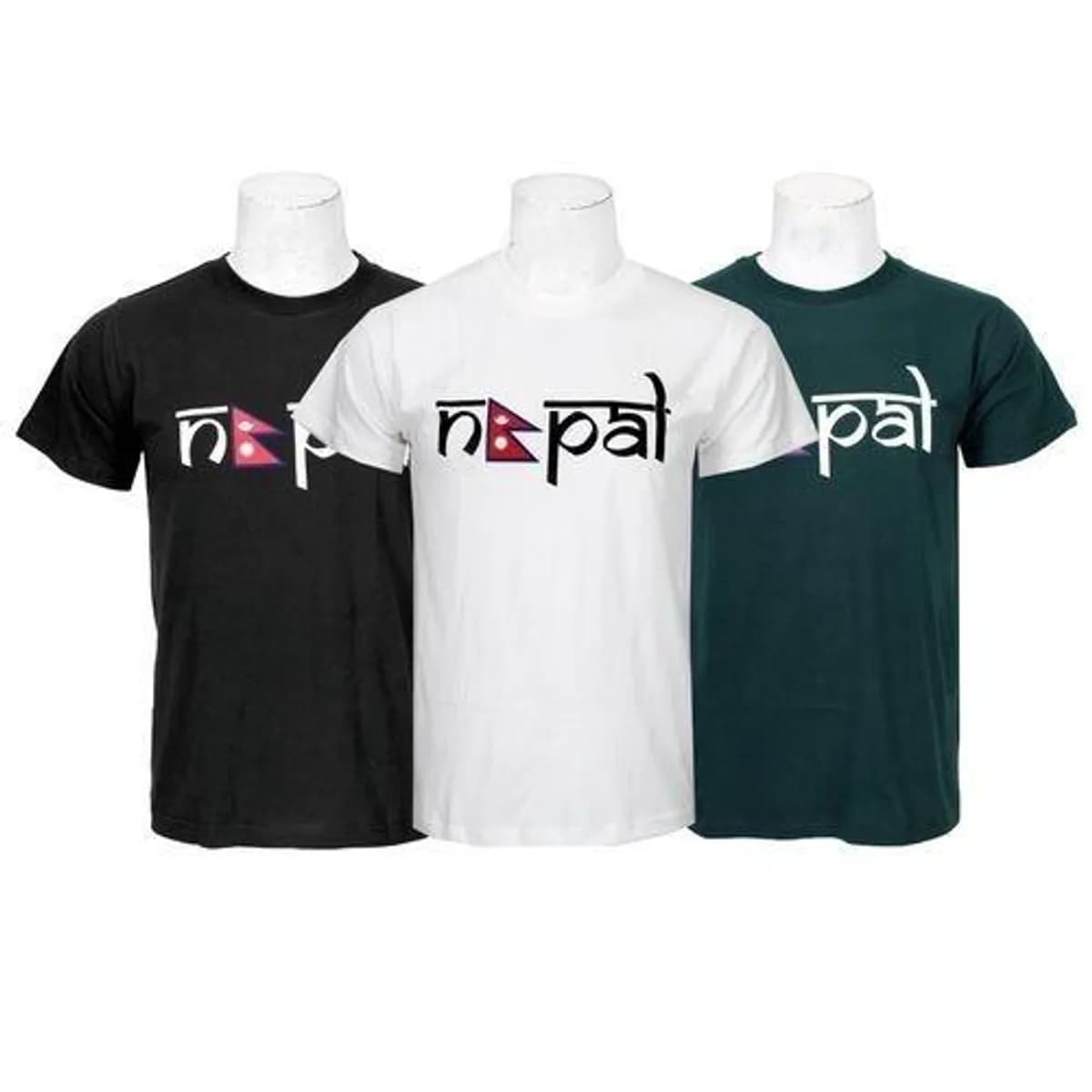 Nepal Printed 100% Cotton T-Shirt For Men - Black/White/Dark Green (Pack Of 3) - 02