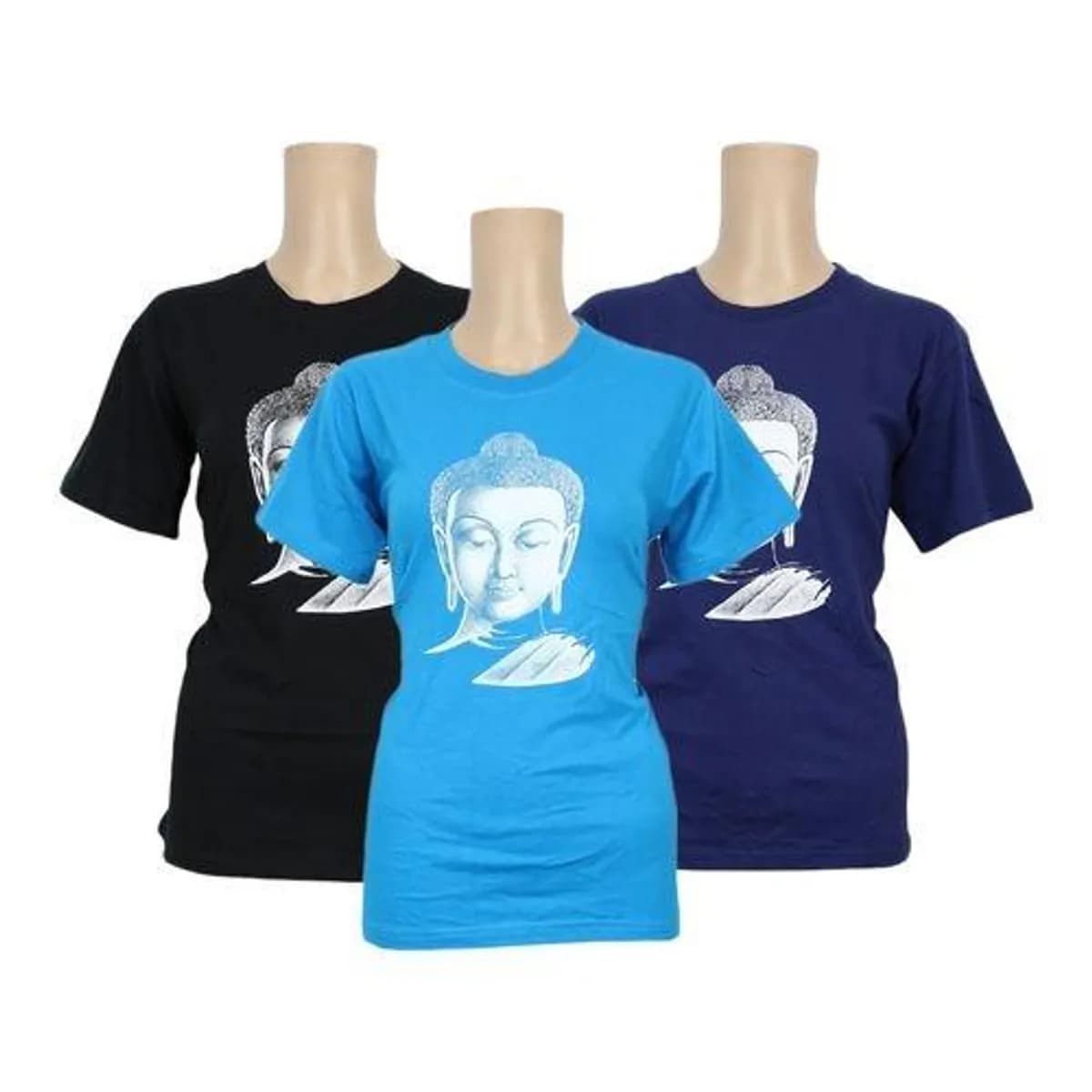 Buddha Printed 100% Cotton T-Shirt For Women - Black/Sky Blue/Blue (Pack Of 3)