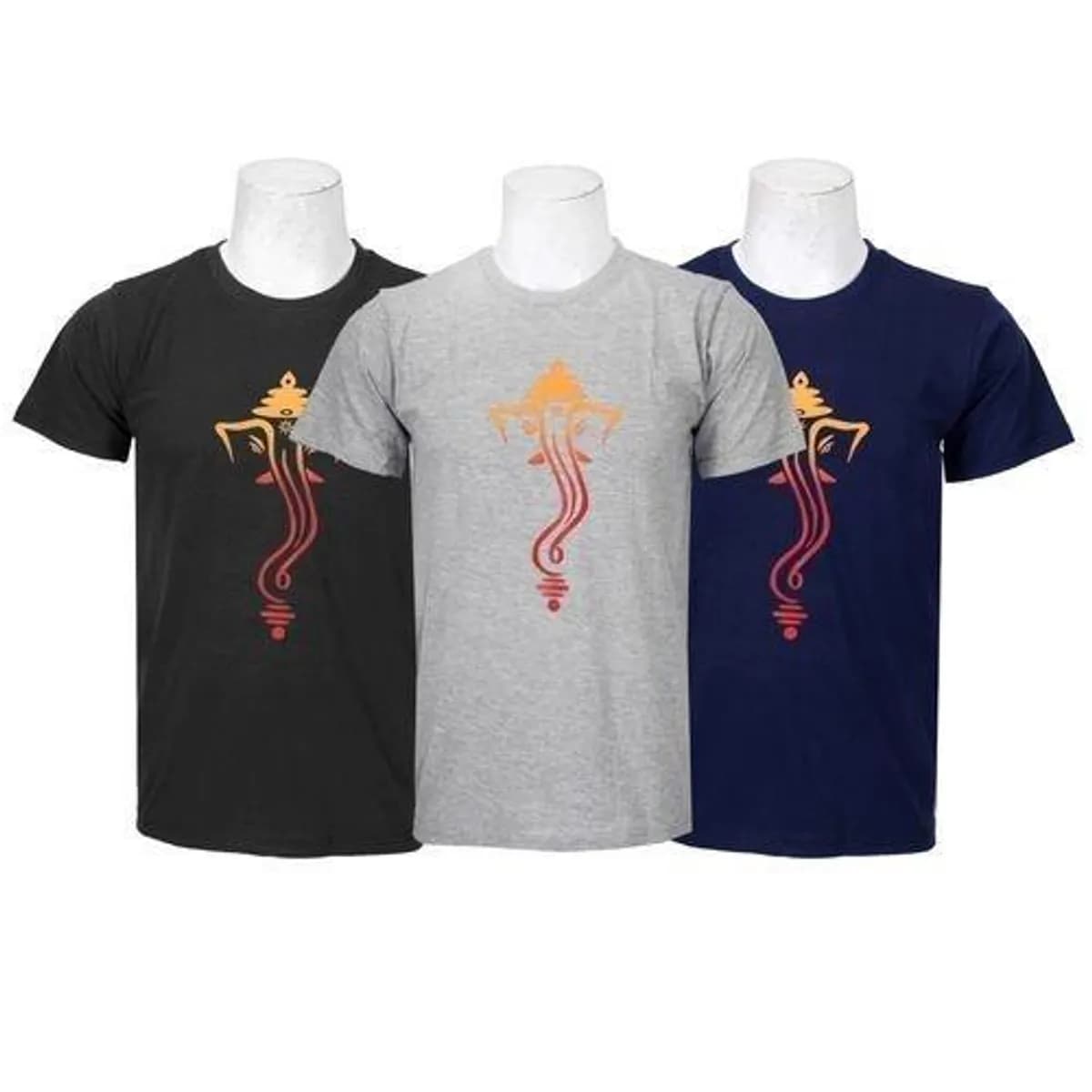 Ganesh Printed 100% Cotton T-Shirt For Men - Black/Grey/Blue (Pack Of 3) - 016