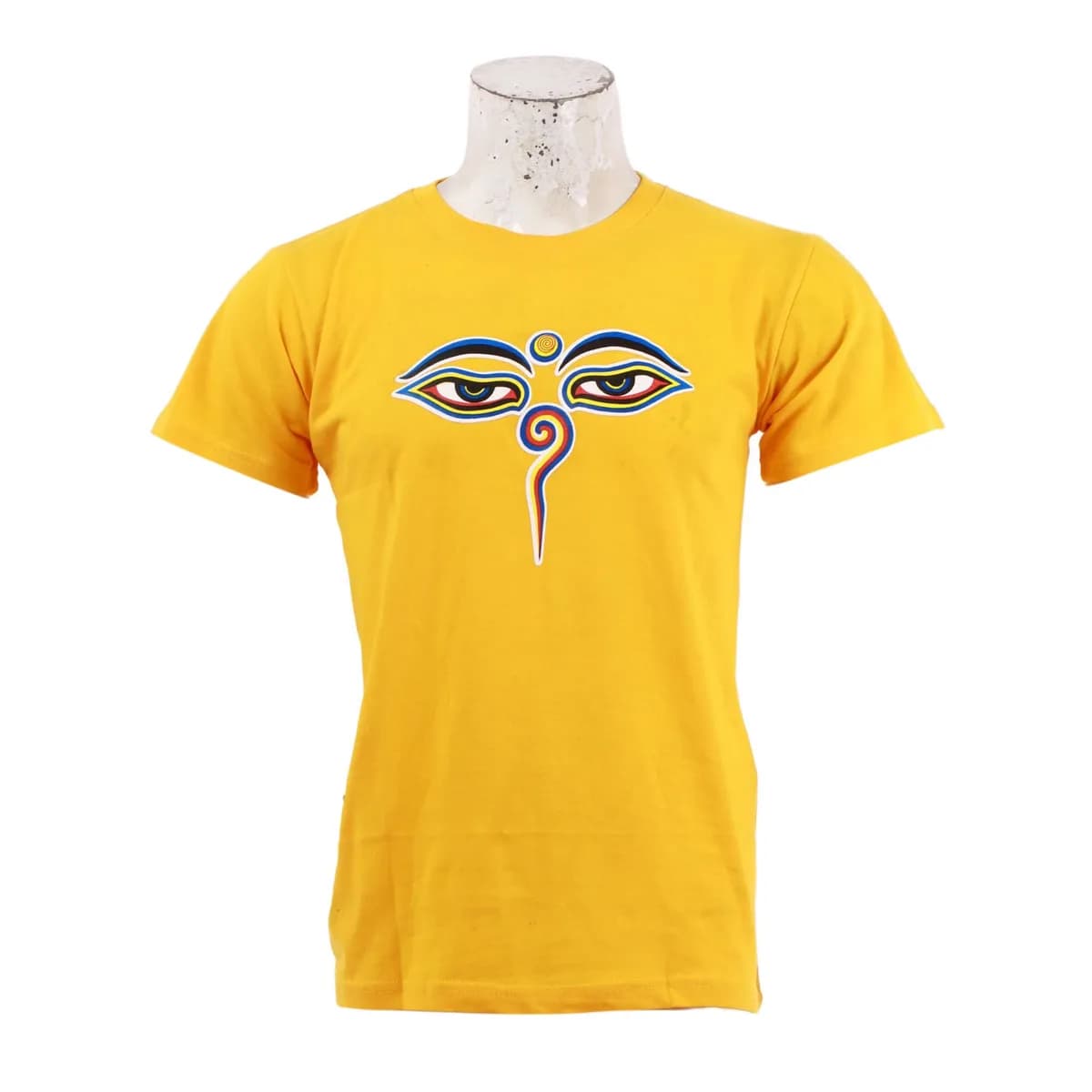 Yellow Cotton Round Neck Half Sleeve Colorfull Buddha Eye Printed T-Shirt For Men