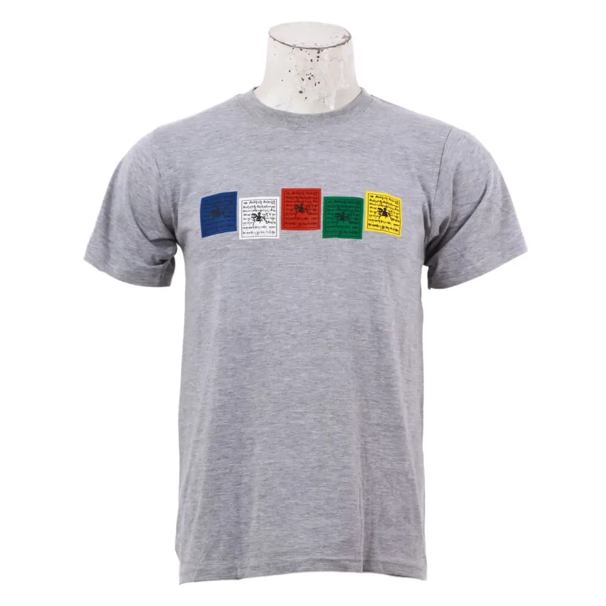 Grey Cotton Round Neck Half Sleeve Prayer Flag Printed T-Shirt For Men