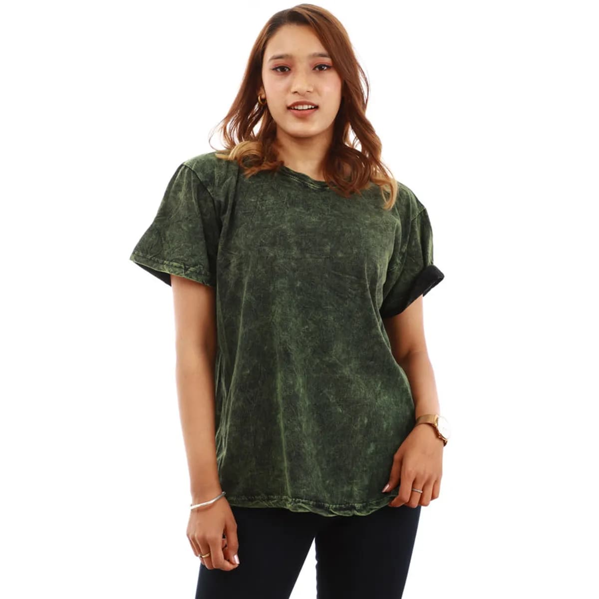 Green Cotton Round Neck Half Sleeve Tie-Dye Printed T-Shirt For Women