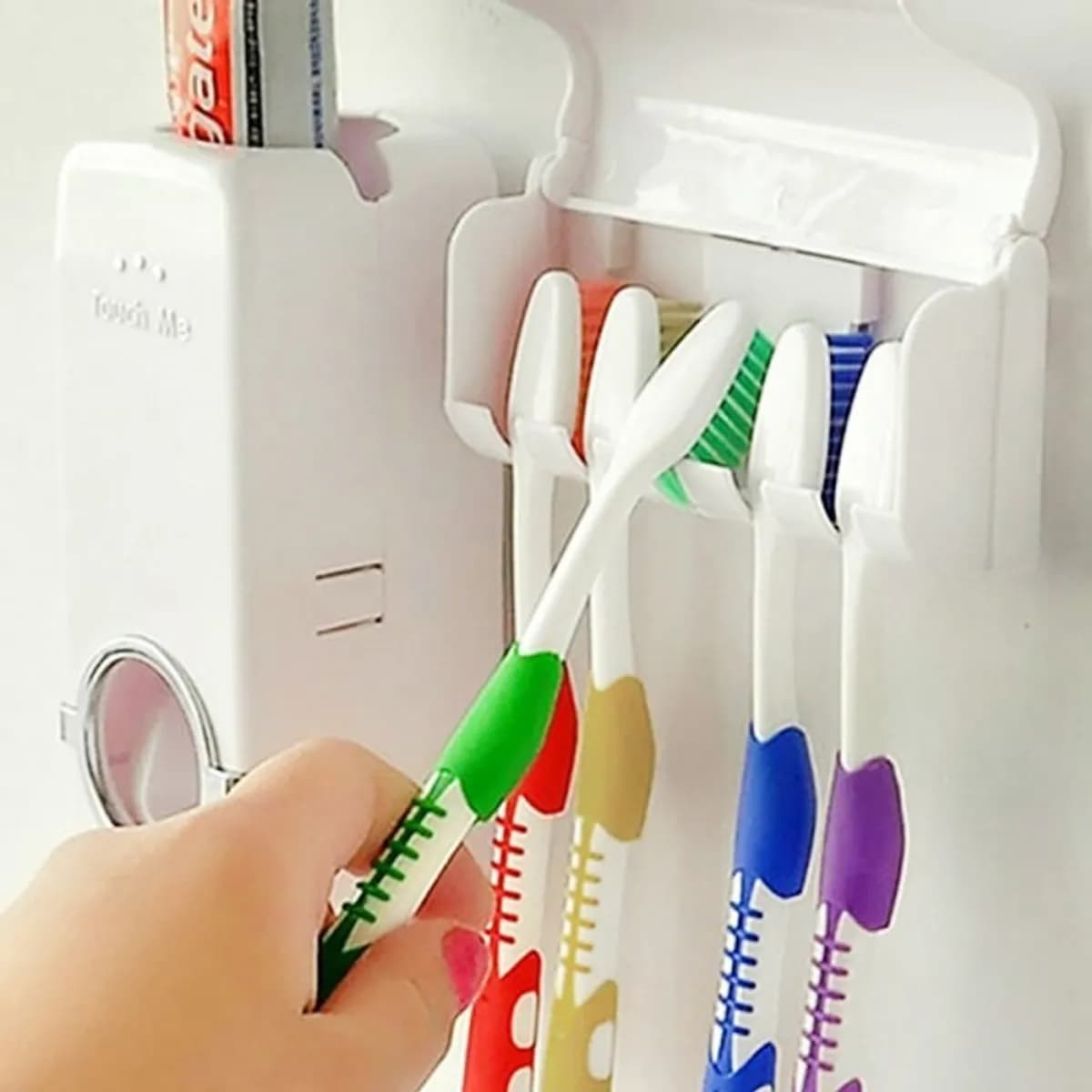 Automatic Toothpaste Dispenser 5 Toothbrush Holder Set Wall Mount Stand-(White)
