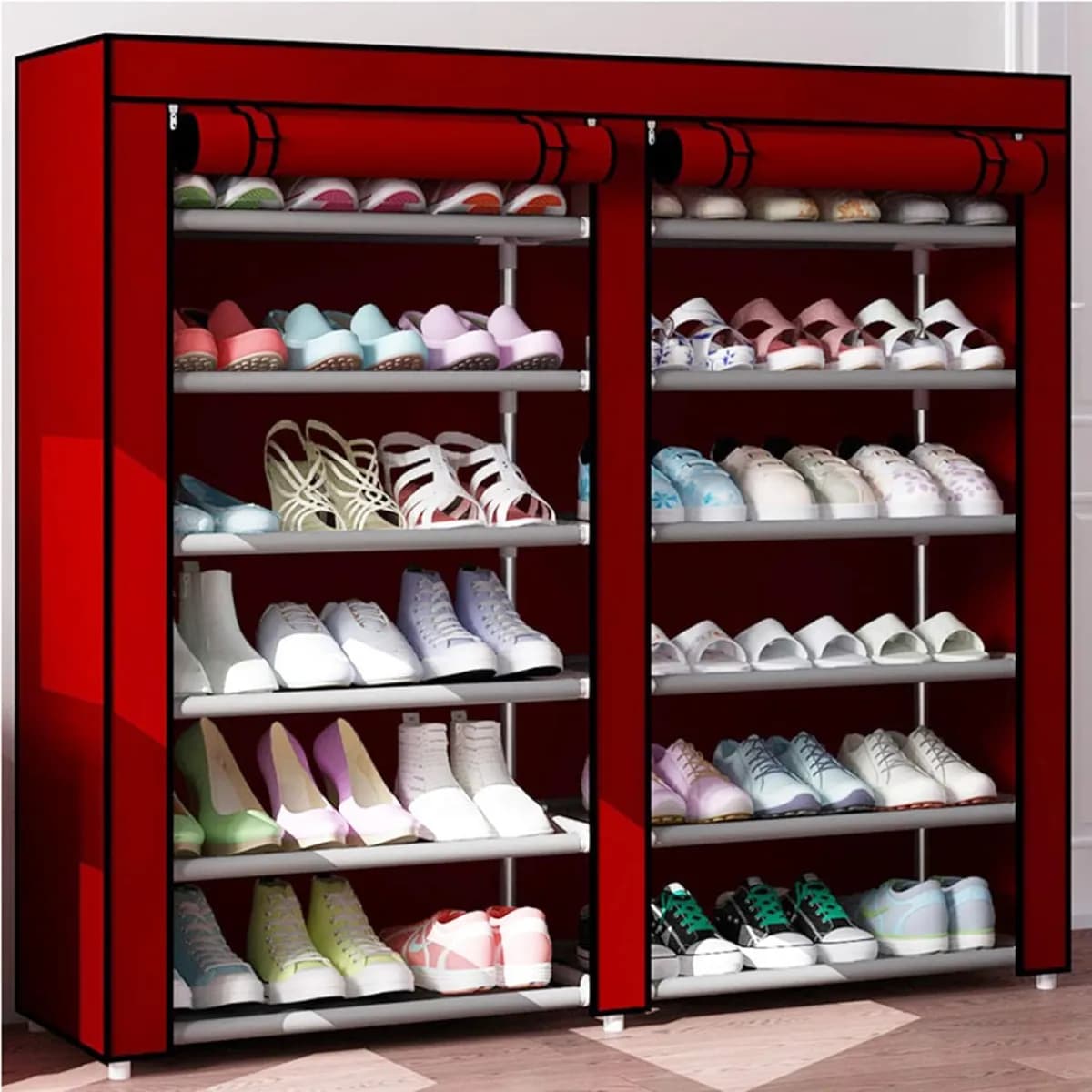 6 X 2 Layer Foldable Shoe Rack, Double Cabinet Shoe Wardrobe With Dustproof Cover Closet-(Multicolor)