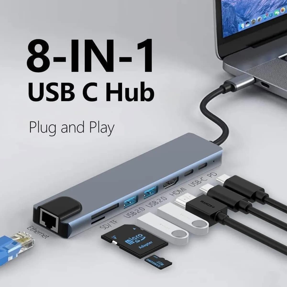 Type-C To HDTV 8 In 1 Adapter, With 4K UHD, PD Power Delivery+RJ45+TF/SD+HDTV+USB*2+TYPE-C+Pd