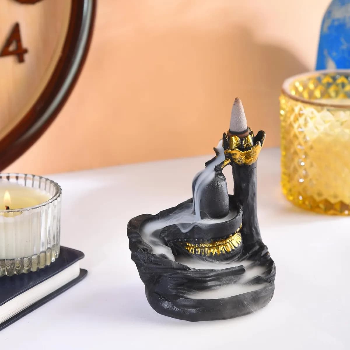 Ghar Saaz Shivling Fog Smoke Backflow Scented Cone Incense Burner, Fountain Defuser Fog Waterfall Decorative Showpiece with 10 Free Incense Cones-(Black)