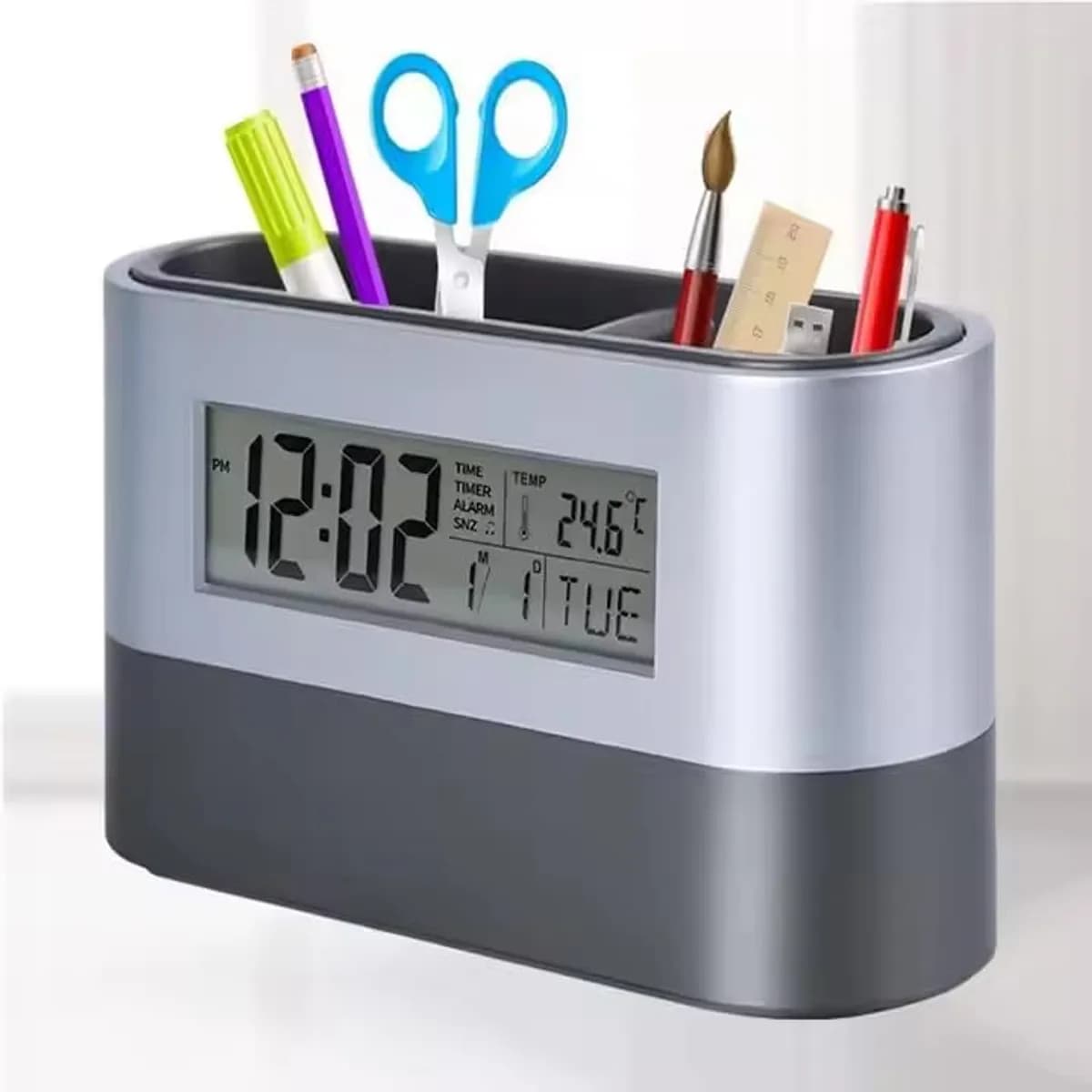 Multifunction Oval Desk Organizer with Clock - Multicolor