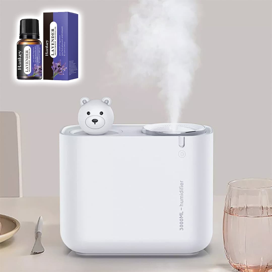 Combo of 3Ltr Cute Bear Dual Nozzle Humidifier & 10ML Lavender Fragrance Water Soluble Essential Oil