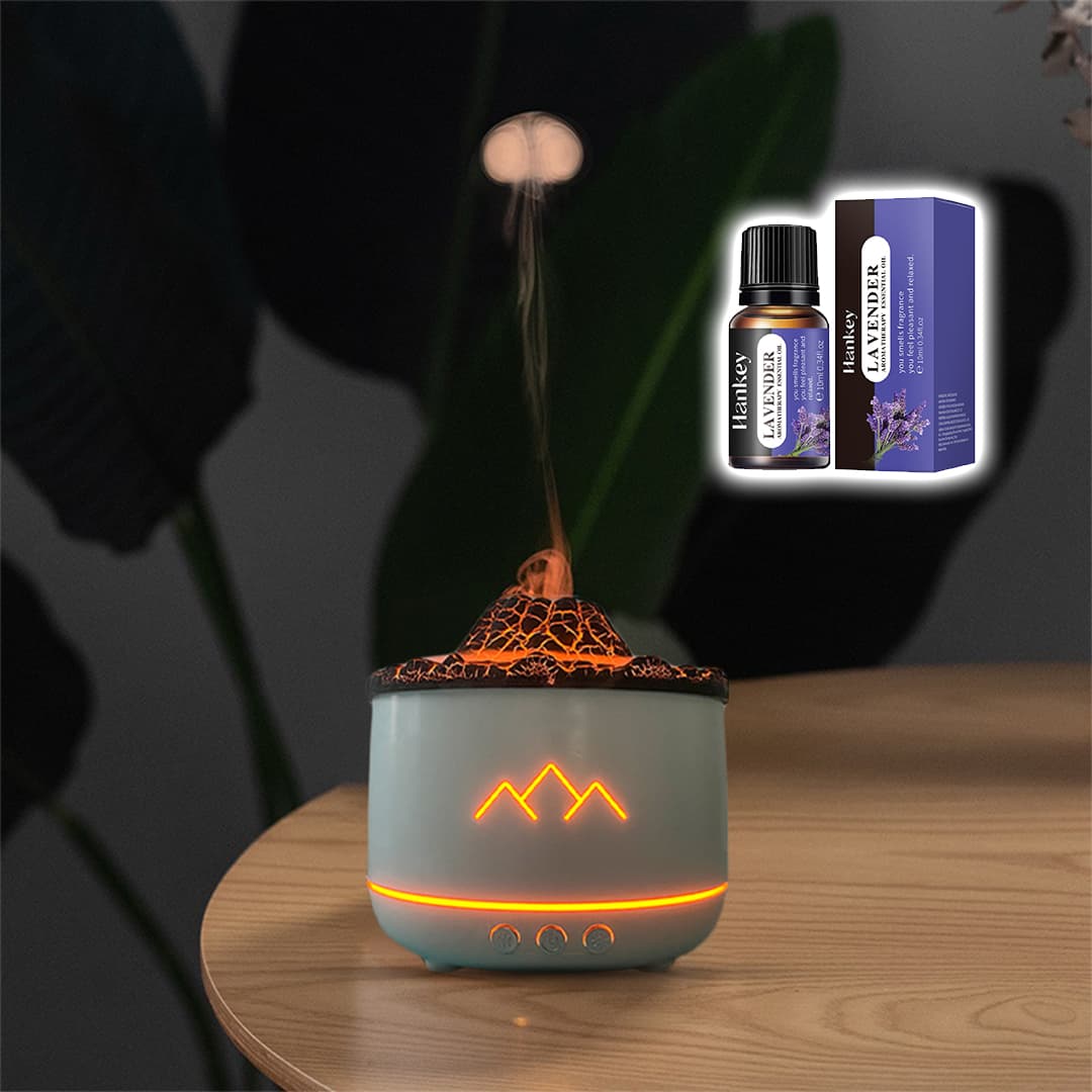 Combo of 260ml Ultrasonic Volcano Flame Diffuser Humidifier & 10ML Lavender Fragrance Water Soluble Essential Oil