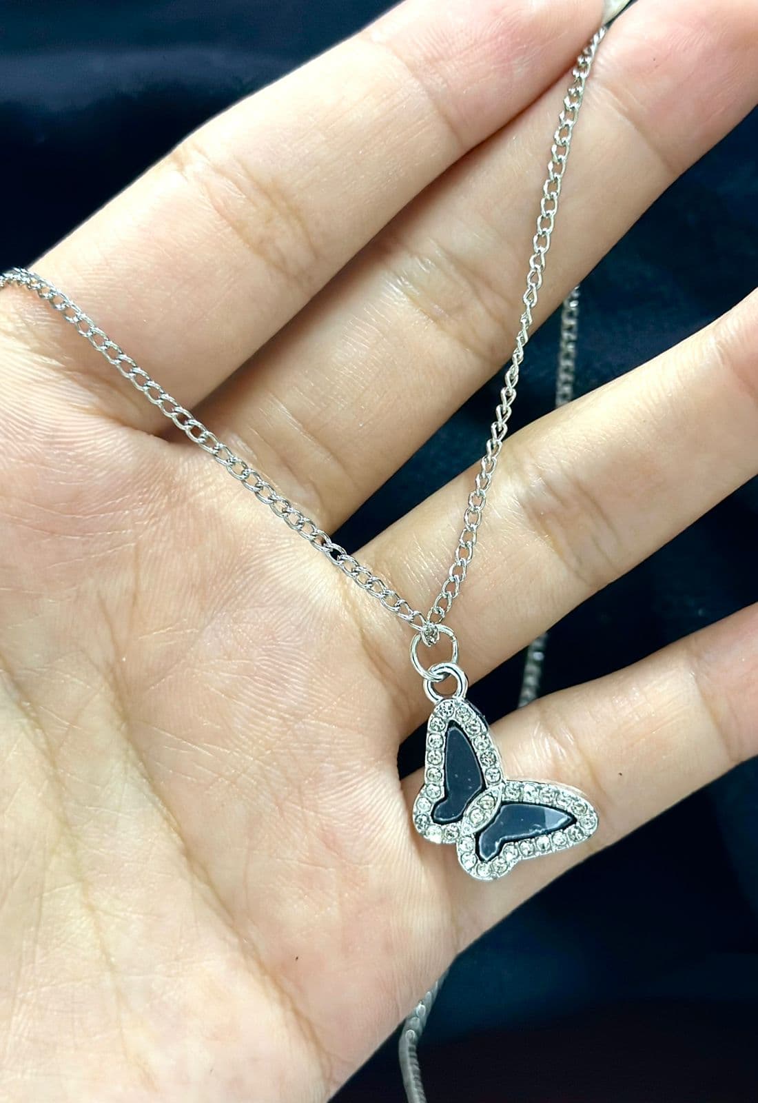 Butterfly Necklace With Black Stone-(Silver-50cm)