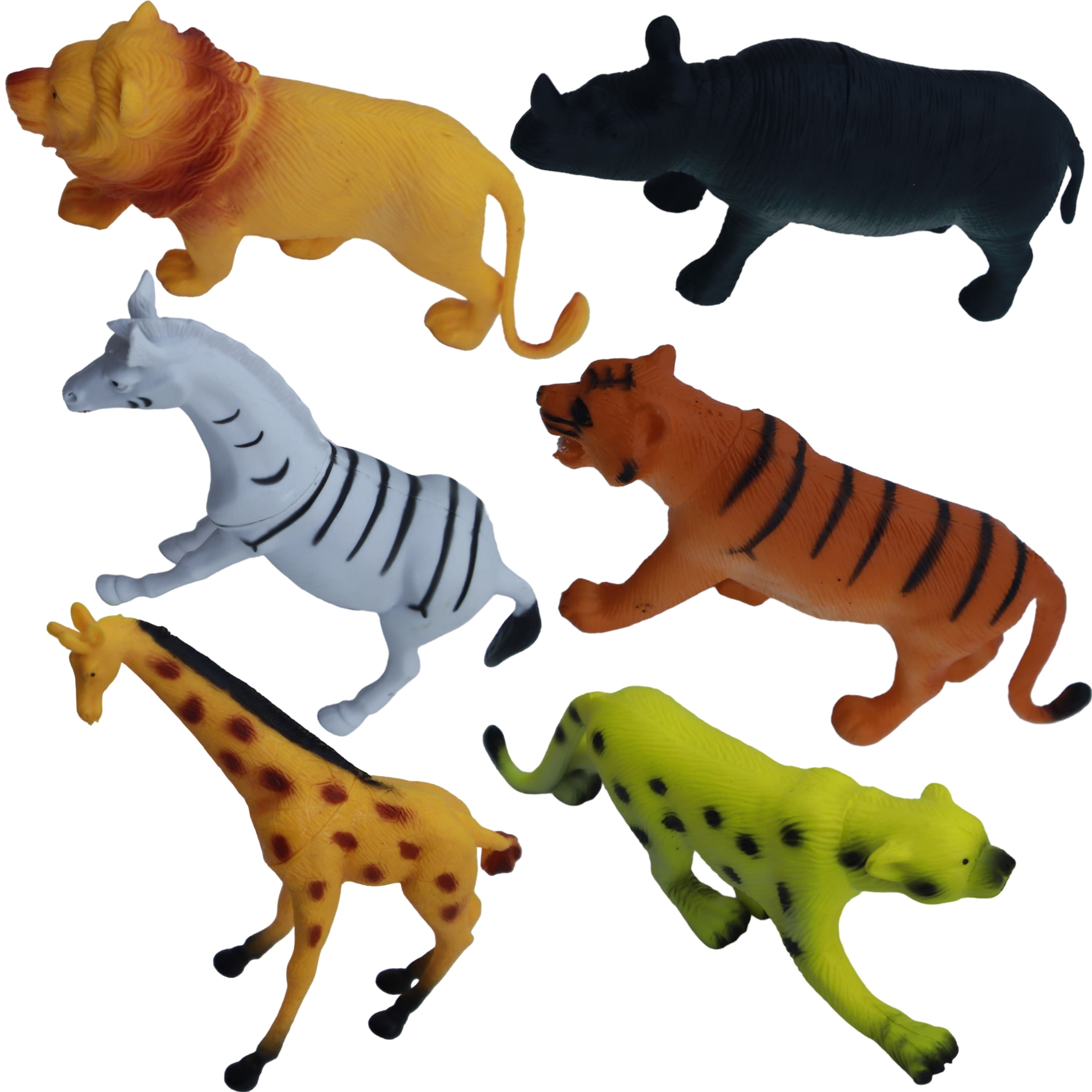 Wild Animals Jungle Figures Set for Kids (Lion, Tiger, Rhino, Zebra, Leopard, Giraffe) - Multicolor