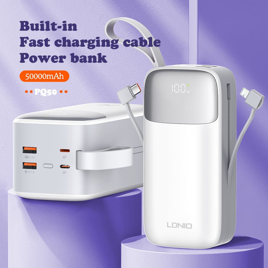 LDNIO PQ50 Power Bank with Built-in Cables - White (50000 mAh)