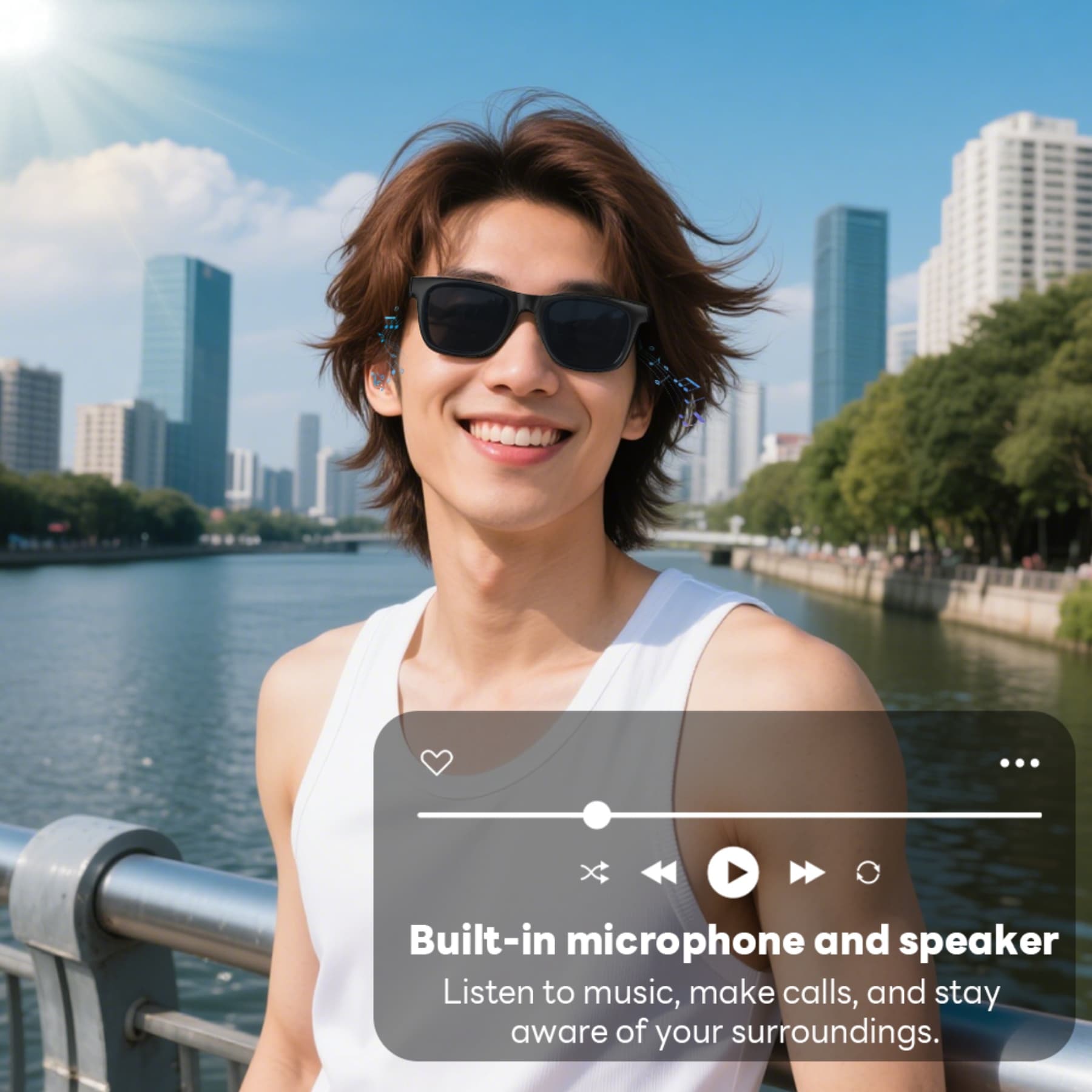 Smart Bluetooth Audio Sunglasses – Voice Assistant, Open-Ear Speakers, UV Protection, Hands-Free Control Glasses - Black