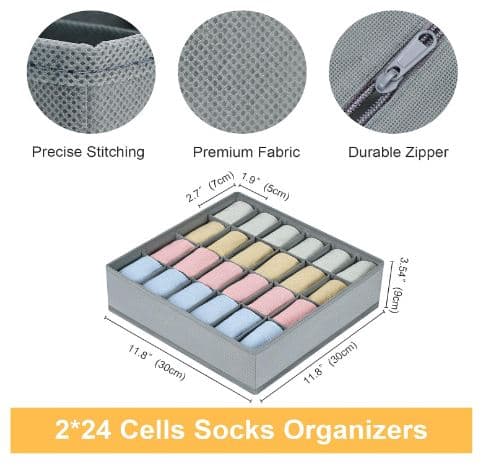 Sock Drawer Organizer Divider Underwear Organizer, 24 Cell Closet Storage and Organizer - Multicolor 