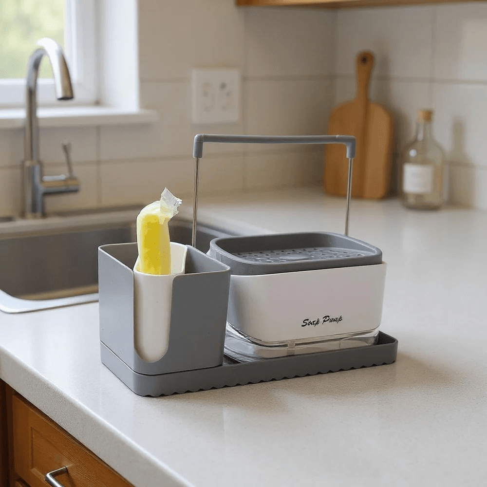 3-in-1 Soap Dispenser With Sponge Holder, Dishcloth & Brush Rack - Multicolor