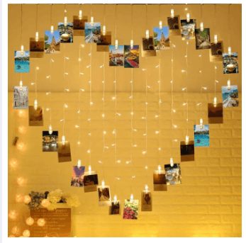 LED Heart Shape Photo Clips Curtain Light String, Decor Clip Lights and 92 LED Lights, Hanging Size 6.56x5.25 ft - Multicolor