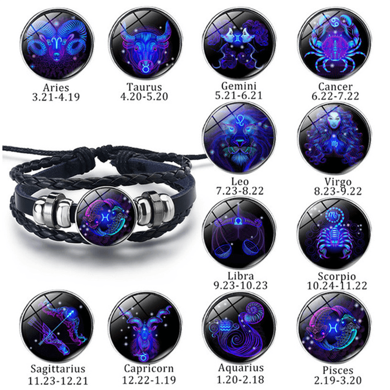 12 Constellation Zodiac Sign Black Braided Leather Bracelet Woven Glass Dome Jewelry Unisex - Medium