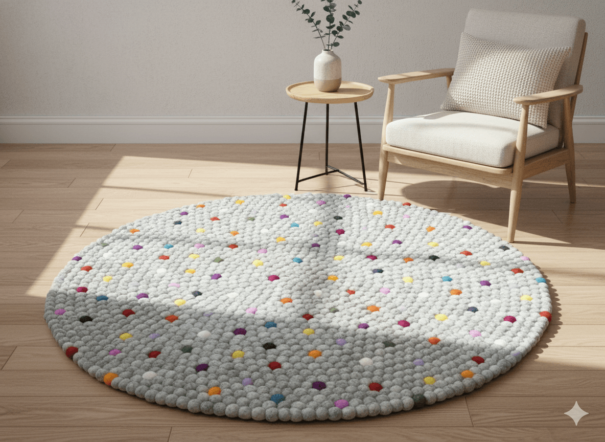 Handmade Weave: Grey Round Rug - 100 cm Diameter, 2.2 cm Ball Detailing - Grey