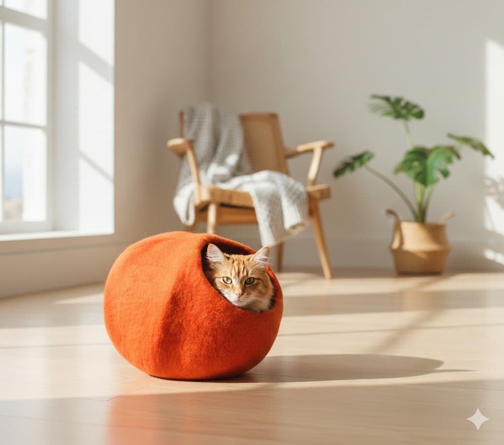 Orange Color Felt Cat Cave, Bed, House, Pet Bed, Handmade 100% Wool For Cat & Kitten - Small