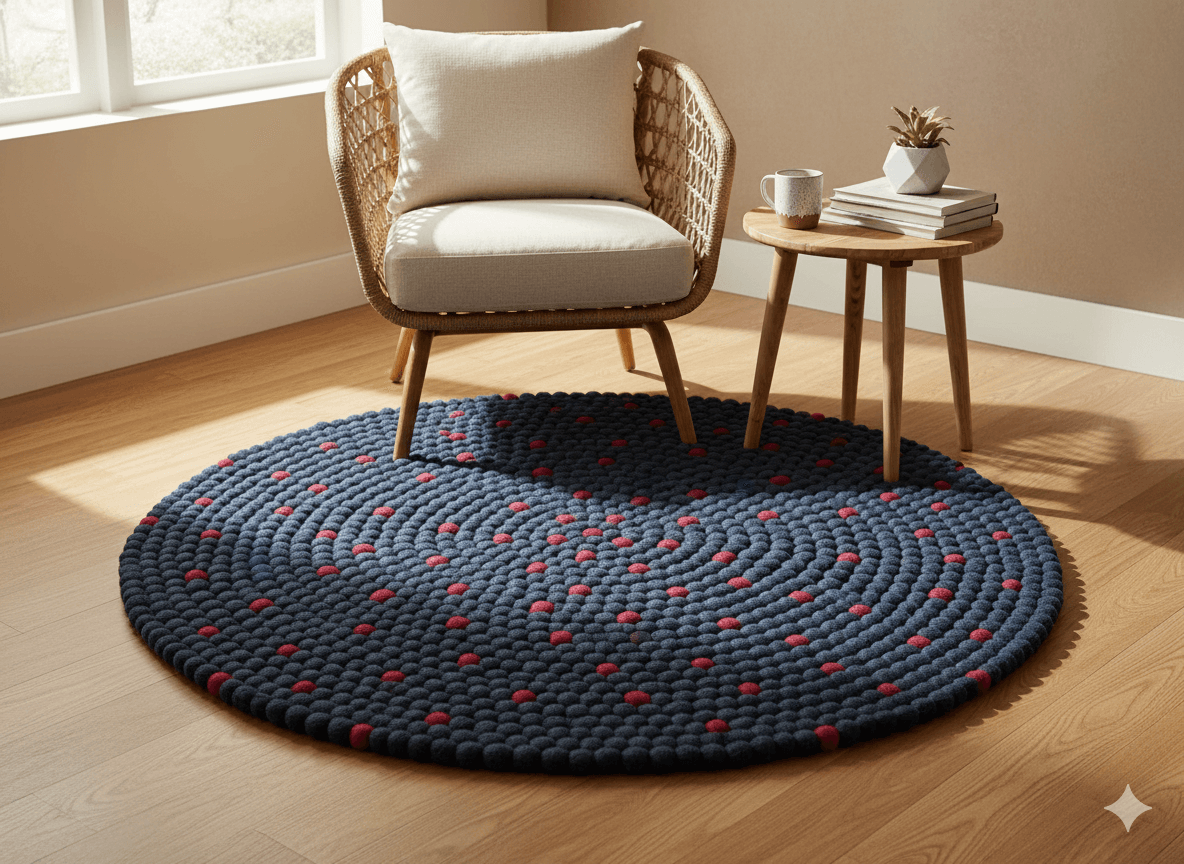 Handmade Wool Felt Ball Carpet - Navy Blue - 100 cm Diameter