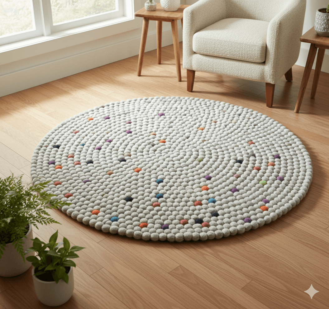 Handmade Weave: Grey Round Rug - 100 cm Diameter, 2.2 cm Ball Detailing - Grey