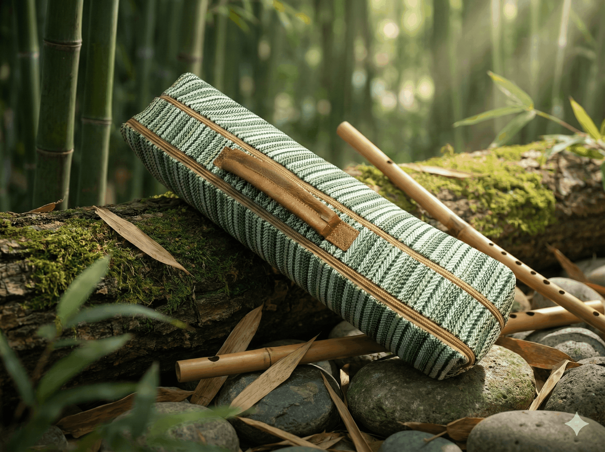 Eco-Friendly Cotton & AF Leather Flute Bag - Green Bansuri Carry Case (46cm) - Made in Nepal