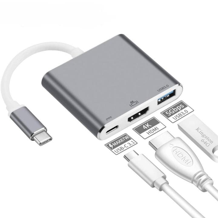 3-in-1 USB-C Adapter: HDMI 4K, USB-C PD & USB 3.0 for Type-C Devices - (White)