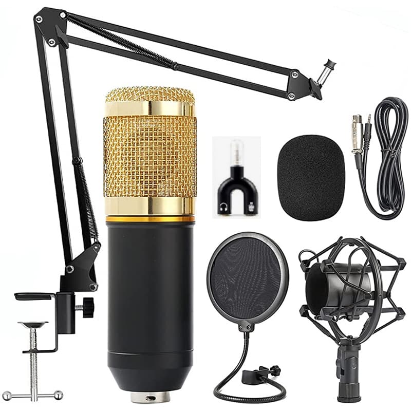 BM800 Pro Condenser Microphone With Stand For Studio Recording - (Gold)