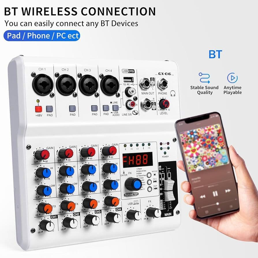 6-Channel Audio Mixer with 99 Effects – Portable BT USB Sound Console for Streaming & DJ - (White)