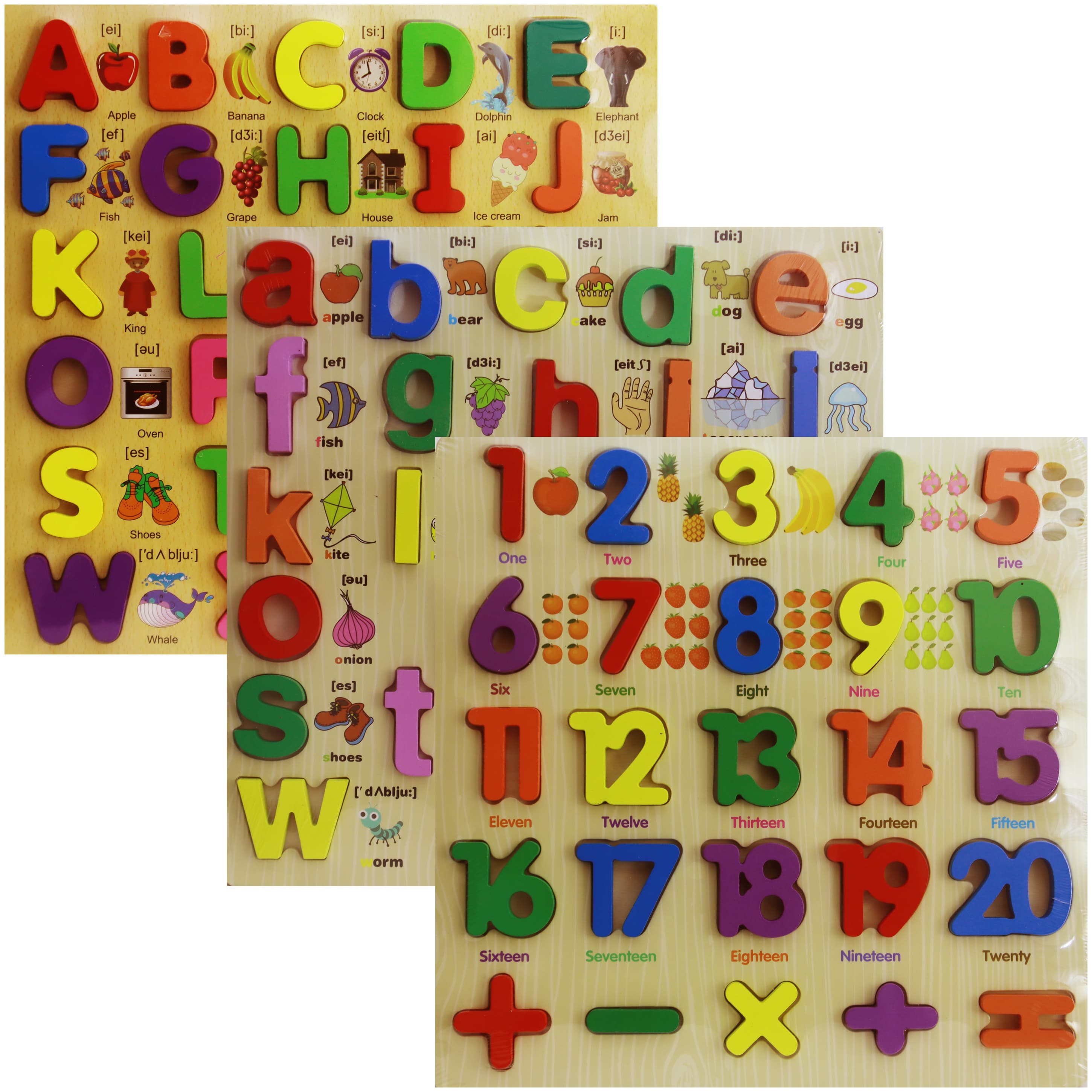 3-Piece Wooden Educational Puzzle Set – Upper & Lowercase Alphabets, Numbers 1–20, Math Symbols, Montessori Toy for Toddlers