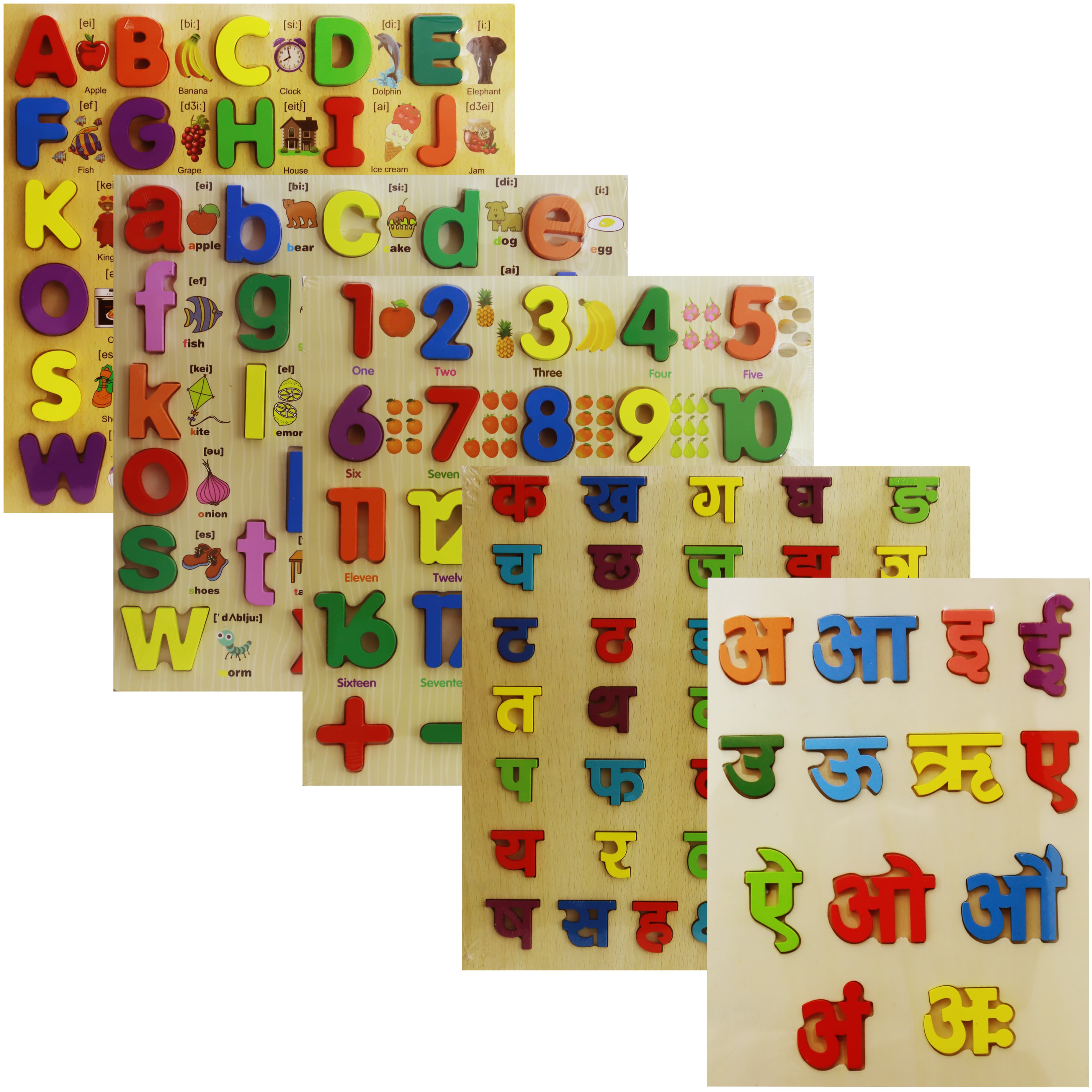 5-Piece Wooden Educational Puzzle Set – English Alphabets, Numbers 1–20, Math Symbols, Nepali Vowels & Consonants, Montessori Learning Toy