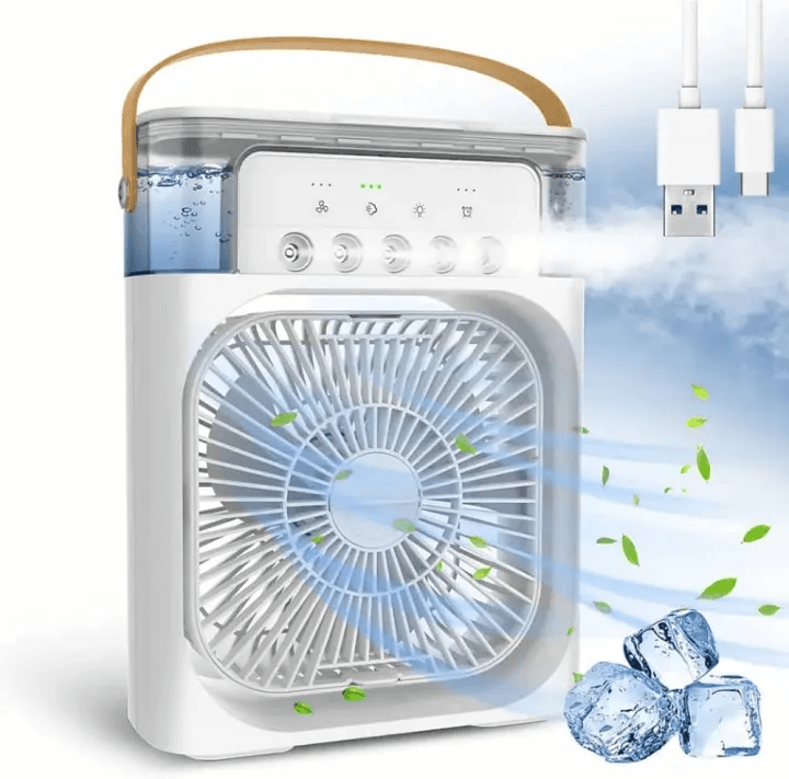 Mini Air Cooler Fan | Humidifier with USB charger | 5 spray ports | 7 color light options | 3 Fan Speed | Desktop Fan Color May Vary