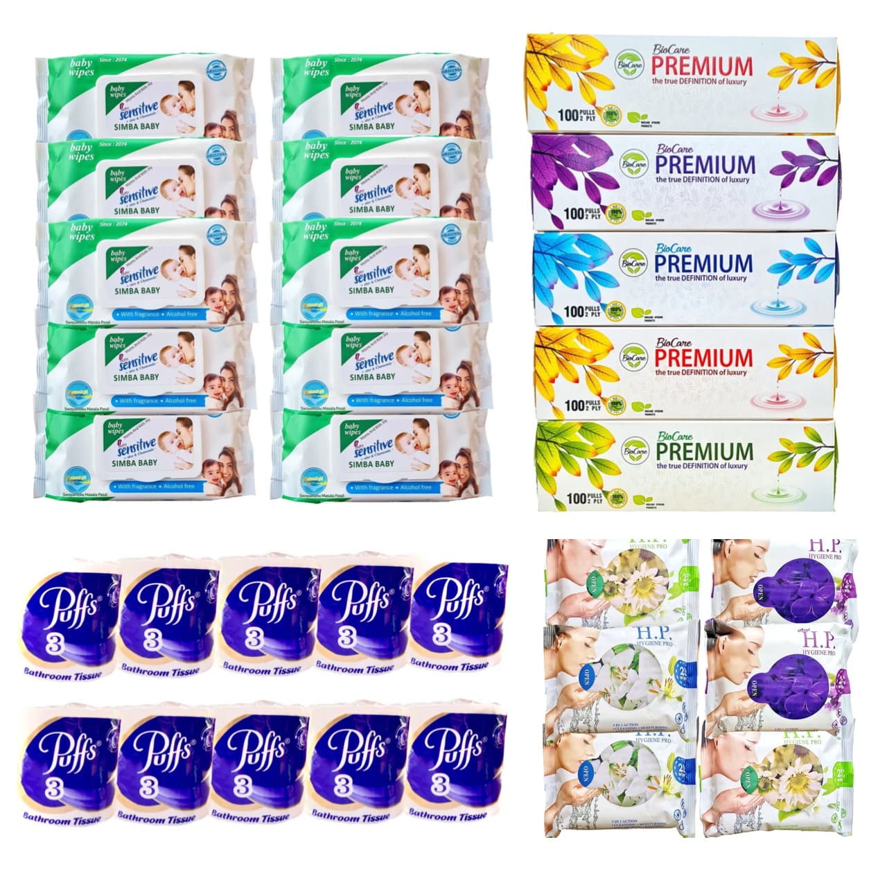 Sensitive Simba Baby Wipes, Biocare Premium Tissue, Puffs Toilet Paper, H.P Facial Tissues Set