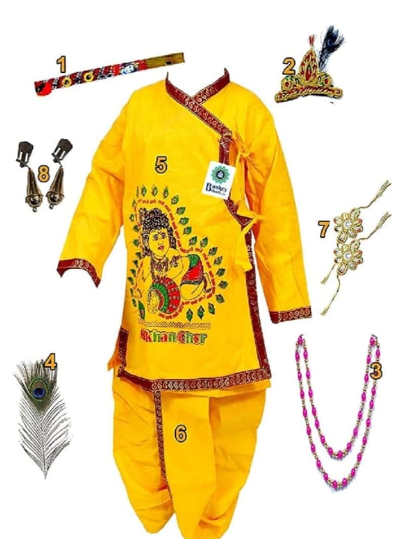 Krishna Kids Dress With Shingar Set (9-10 years) - Yellow