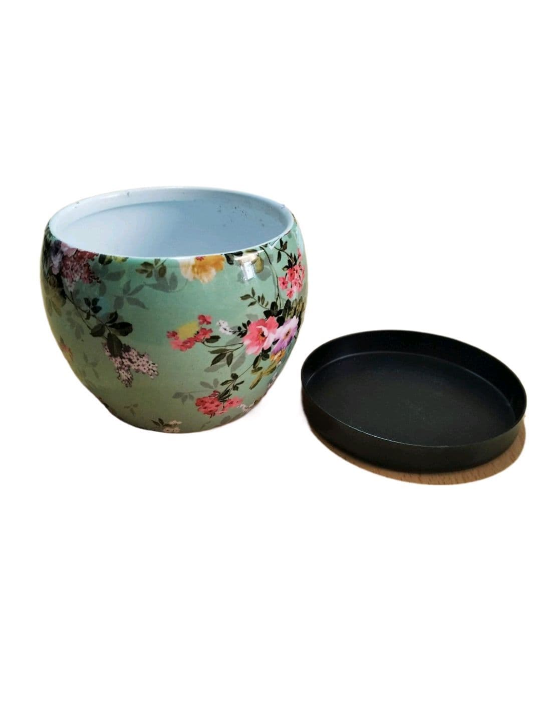 3 Inches Of Small Metal Pot Printed With Plate  Flower Image Pot