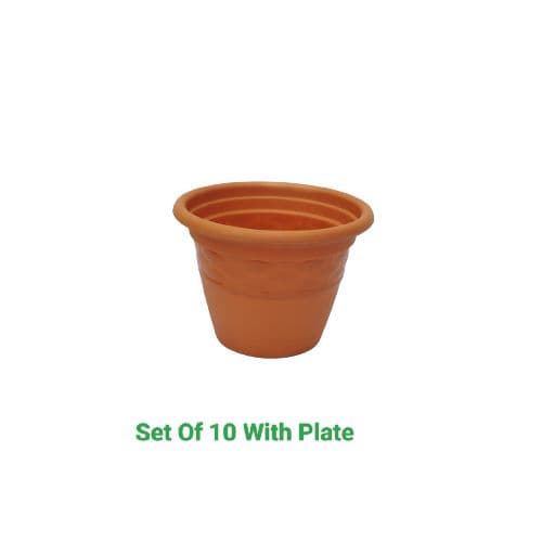 Bagmati Pots with Plate 10-inch Earth Pots For Plants & Flowers Set Of 10